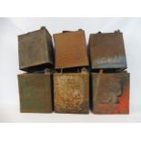 Six 2 gallon petrol cans including Shell and Pratts.