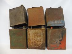 Six 2 gallon petrol cans including Shell and Pratts.