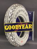 A Goodyear Tyres die-cut double sided enamel sign with hanging flange, heavily restored, 22 x 34".