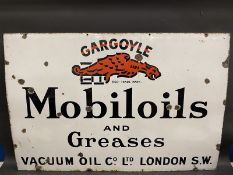 A large Gargoyle Mobiloils and Greases rectangular enamel sign by Patent Enamel, 45 x 30".