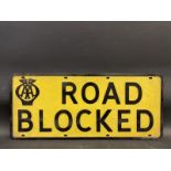 An AA 'Road Blocked' pressed aluminium road sign by Hills, 27 1/2 x 12".