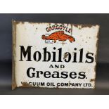 A Mobiloils and Greases double sided enamel sign with hanging flange, 20 x 16".