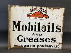 A Mobiloils and Greases double sided enamel sign with hanging flange, 20 x 16".