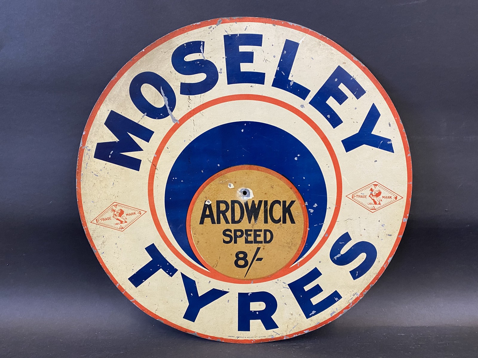 A rare single sided Moseley Tyres aluminium circular sign, advertising Ardwick speed 8/-, in good