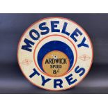 A rare single sided Moseley Tyres aluminium circular sign, advertising Ardwick speed 8/-, in good