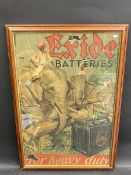 A framed and glazed Exide Batteries pictorial advertisement depicting elephants moving logs, 21 x 30