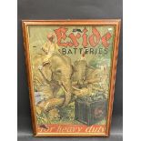 A framed and glazed Exide Batteries pictorial advertisement depicting elephants moving logs, 21 x 30