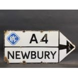 An RAC A4 to Newbury double sided directional enamel sign, by Bruton of Palmer's Green, 36 x 17".