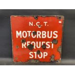 A Motor Bus Request Stop double sided enamel sign, 15 3/4 x 15".
