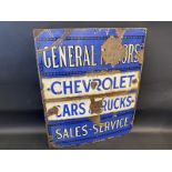 A General Motors enamel sign advertising Chevrolet cars & trucks, sales and service, 21 x 25".