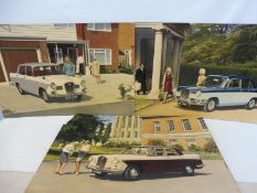 Three large scale coloured prints on hardboard, used as promotional aids for Riley and Wolseley,
