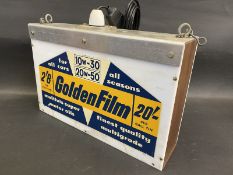 A home-made lightbox with Morris Lubricants and Golden Film decals attached, 15 x 10 x 4".