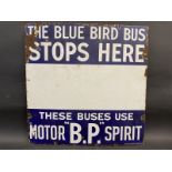 A BP Motor Spirit 'The Blue Bird Bus Stops Here' rectangular enamel sign, by Bruton of Palmers