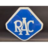 An RAC lozenge shaped double sided enamel sign by Bruton of Palmer's Green, 22 x 22 1/2".