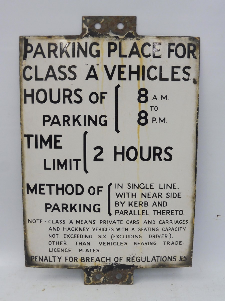 An enamel road sign - Parking Place for Class 'A' Vehicles, 12 x 18 1/2".