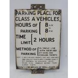 An enamel road sign - Parking Place for Class 'A' Vehicles, 12 x 18 1/2".