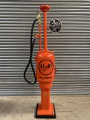 A Gilbarco T8 petrol pump restored in Pratts livery, with rubber hose and bronze nozzle.