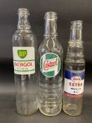 A BP Energol quart oil bottle with excellent label, a Wakefield Castrol quart oil bottle and an Esso