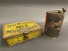 An early Dunlop No.3 Motor Outfit tin plus a Filtrate chain case fluid oval can with paper label.