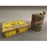 An early Dunlop No.3 Motor Outfit tin plus a Filtrate chain case fluid oval can with paper label.