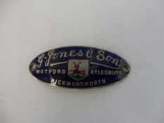 A blue enamel curved dash plaque for G. Jones & Son Rickmansworth.