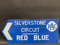 An RAC Silverstone Circuit directional hardboard sign, 35 3/4 x 15".