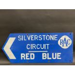 An RAC Silverstone Circuit directional hardboard sign, 35 3/4 x 15".