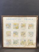 A framed and glazed Pratts pictorial advertisement titled 'Unofficial Trials', 22 x 21".