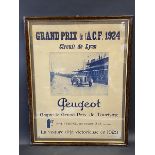 A framed and glazed 1924 advertisement for the Lyon Grand Prix, depicting a 1923 winning Peugeot, 27