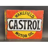 A Wakefield Castrol Motor Oil double sided enamel sign with hanging flange by Bruton of Palmers