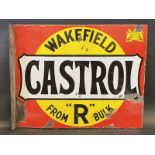 A Wakefield Castrol From 'R' Bulk rectangular double sided enamel sign with hanging flange by Burton