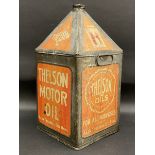 A rarely seen Thelson Motor Oil five gallon pyramid can.