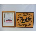 A framed Yamaha Racing Team vest, plus a modern painted sign advertising Pratts, also a framed Ariel