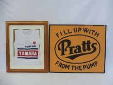 A framed Yamaha Racing Team vest, plus a modern painted sign advertising Pratts, also a framed Ariel