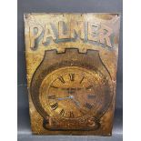 A Palmer Tyres 'Lighting Up Time' embossed garage tin 'clock' advertising sign, 19 x 27 1/2".