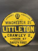 A circular AA road/village sign for Littleton near Winchester, by Franco, small areas of