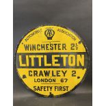 A circular AA road/village sign for Littleton near Winchester, by Franco, small areas of