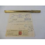 A rare Palmer Tyre branded brass bicycle pump plus a Palmer Tyre Ltd piece of headed paper dated