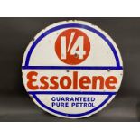 An Essolene Guaranteed Pure Petrol circular double sided enamel sign, 30" diameter.