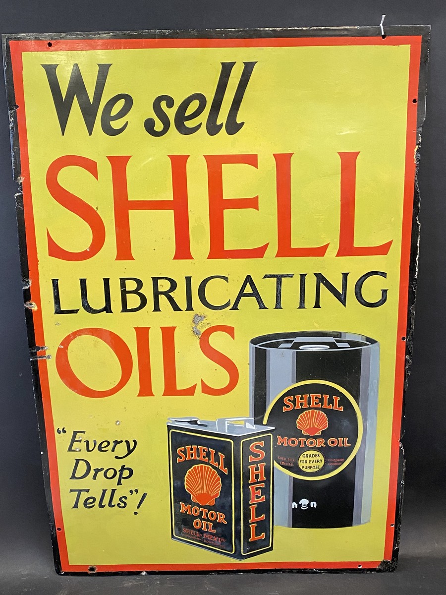 A Shell Lubricating Oils 'Every Drop Tells!' pictorial enamel sign, restored, 24 x 36".