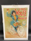 A Wolff-American Cycles pictorial advertising poster, printed in 1996, Italy, 19 1/2 x 27 1/2".