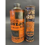 A Delco Lovejoy Oil cylindrical quart can plus a Chemico Carbide tin.