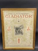 A superb framed and glazed early 20th Century pictorial advertisement for Gladiator cycles and