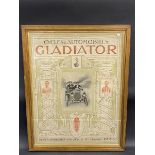 A superb framed and glazed early 20th Century pictorial advertisement for Gladiator cycles and