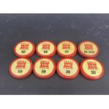 Eight Shell X-100 oil bottle caps.