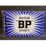A BP Motor Spirit 'Irish Flash' double sided enamel sign with hanging flange, dated September