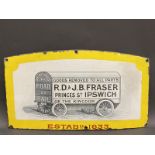 A small pictorial enamel sign advertising Fraser's of Ipswich, excellent condition, possibly trimmed