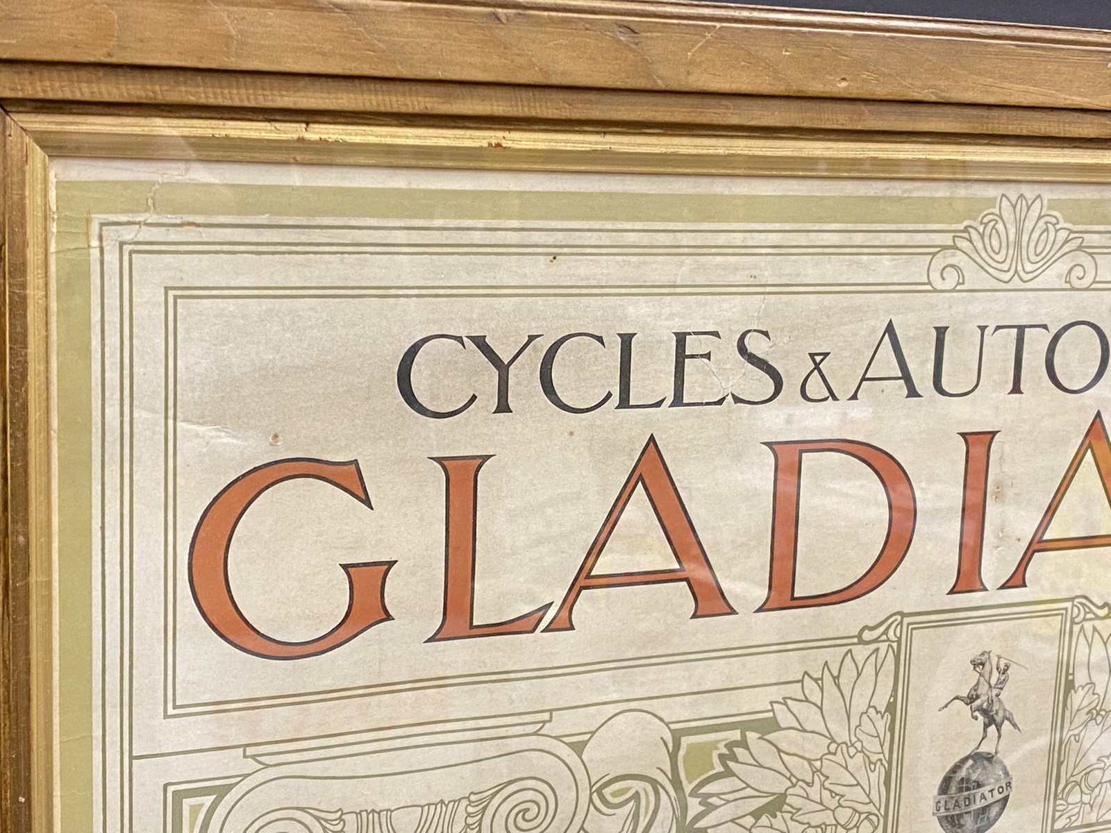 A superb framed and glazed early 20th Century pictorial advertisement for Gladiator cycles and - Image 4 of 6