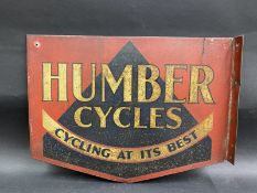 A Humber Cycles 'Cycling at its best' double sided tin advertising sign with hanging flange, 16 1/