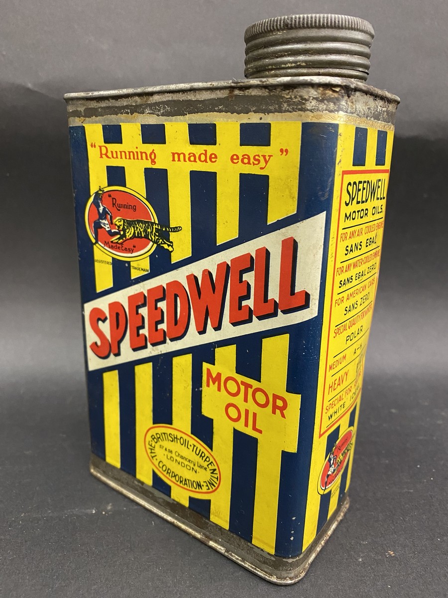 A Speedwell Motor Oil quart oil can in superb original condition, even with the original inner